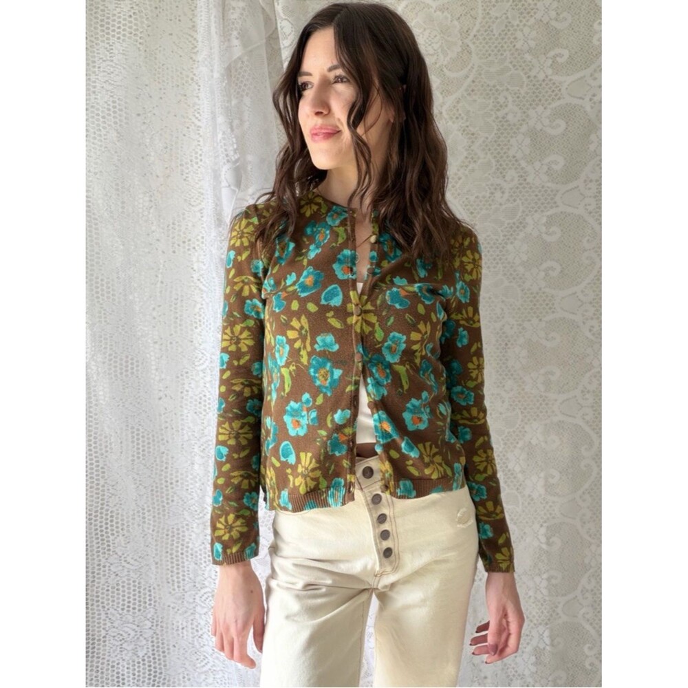 Vintage Style Brown Floral Cardigan Blue Flower Button Front Cottagecore - Picture 10 of 12